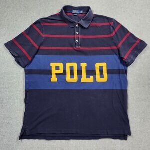 Ralph Lauren Polo Shirt Men's XL Blue Striped Spell Out Rugby Classic Fit